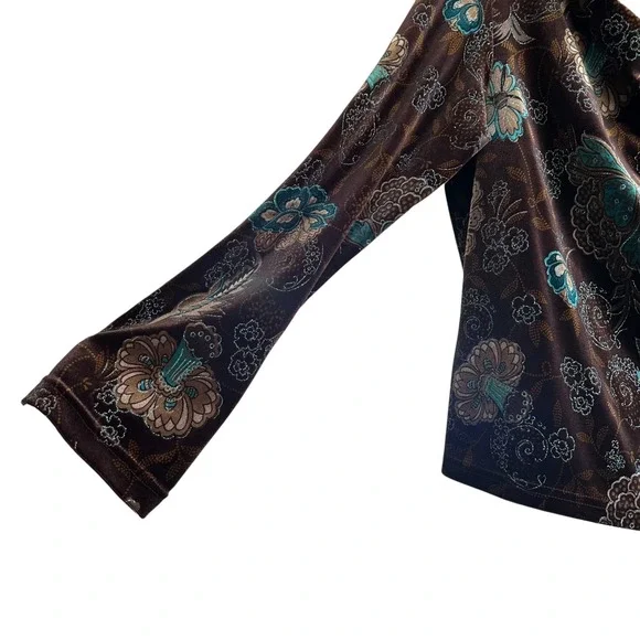 Briggs New York Petite PXL Chocolate Brown Teal Floral Velvet Cowl Neck Top - Picture 3 of 8